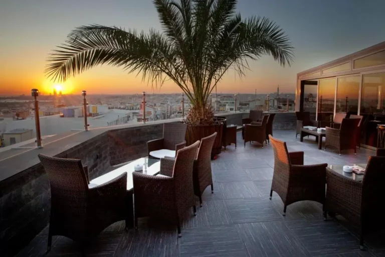 Rooftop terrace with palm tree and sea view at sunset